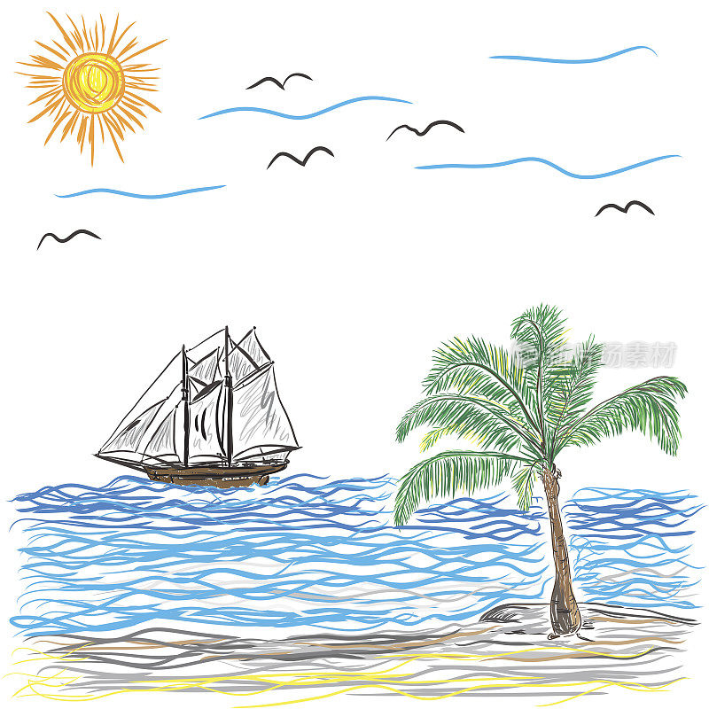 海滩与棕榈树和船，矢量插图
