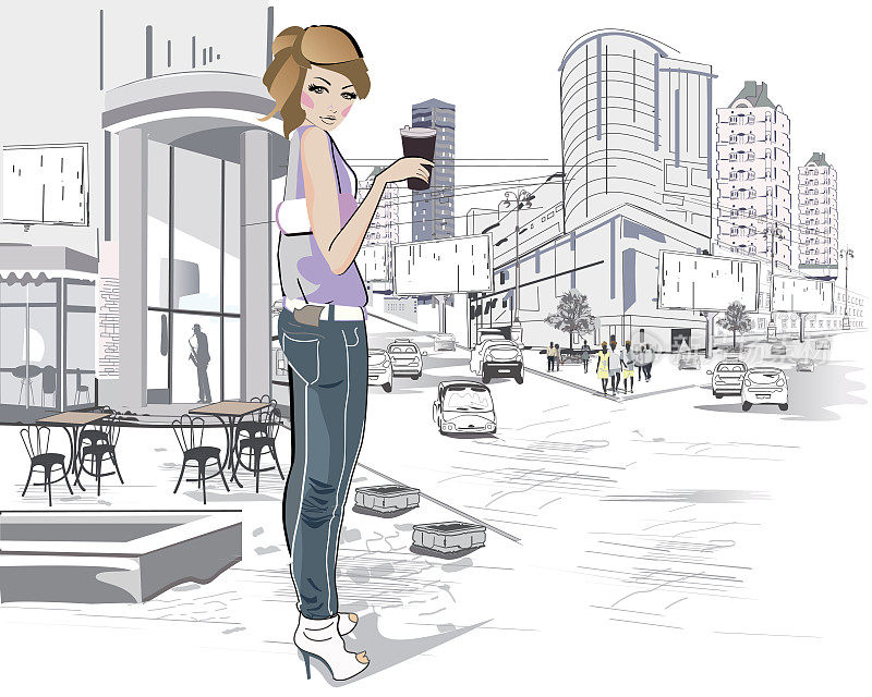 时尚年轻女孩在街上喝咖啡。