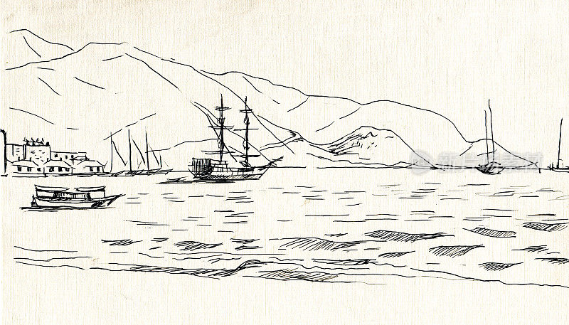 湾与山和船素描