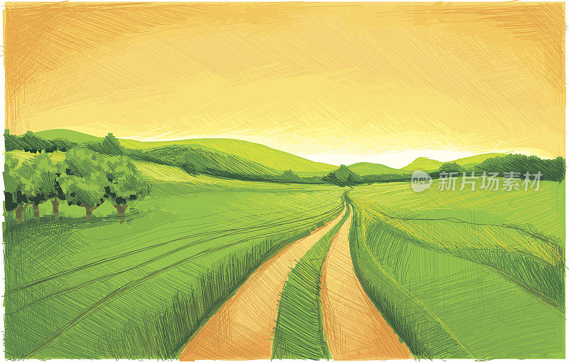 画着绿色的田野，中间有一条孤独的小路