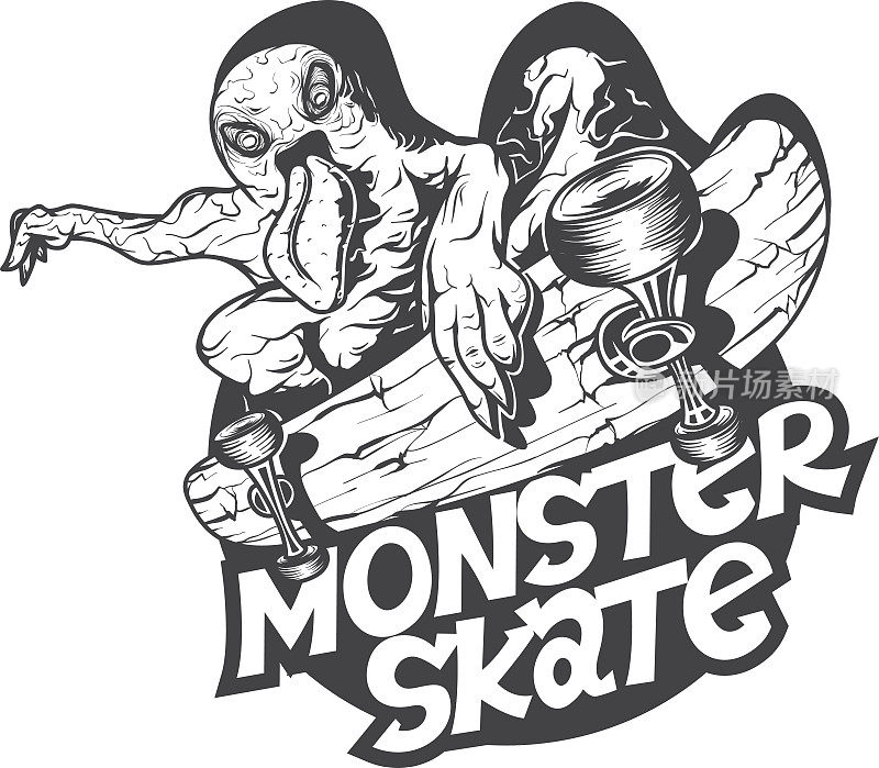 怪兽滑板，t恤上印着吉祥物的标志