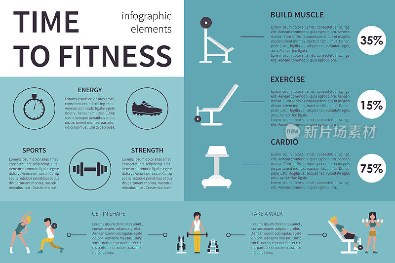 健身时间信息图表平面矢量插图。演示的概念