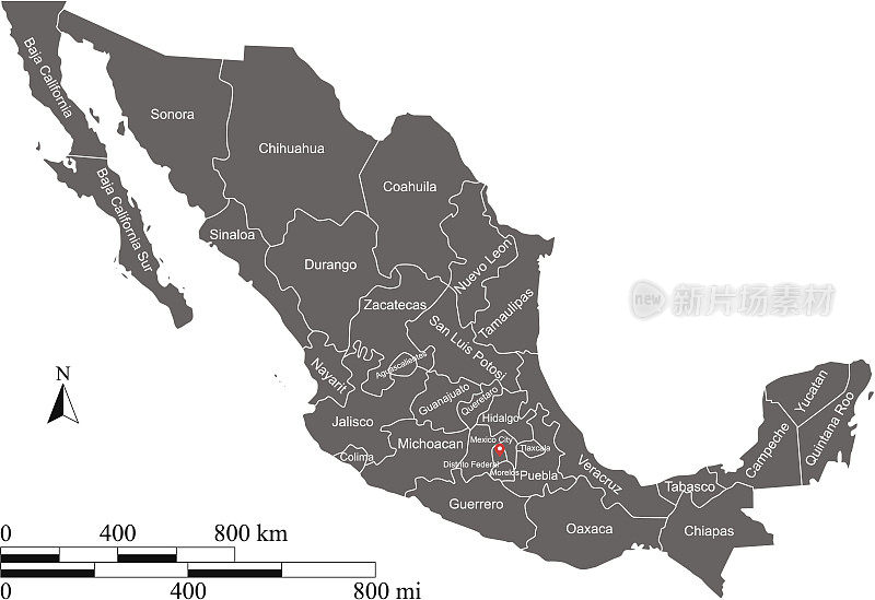 墨西哥地图矢量轮廓与比例尺和省或州