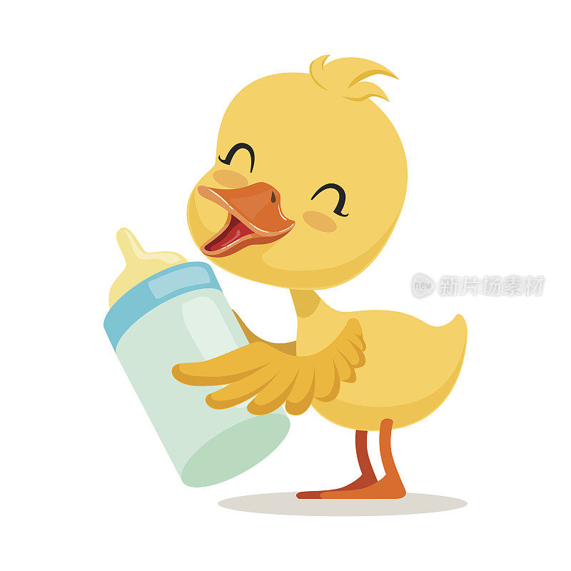 小黄鸭小鸡拿着一瓶牛奶，可爱的表情符号矢量插画