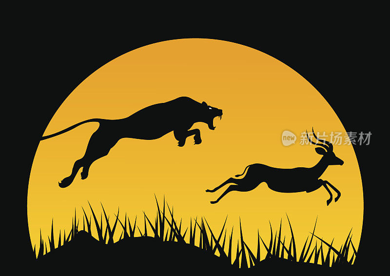 水平的非洲插图。野外的生活。狩猎。非洲图标。捷豹和羚羊。树和动物。