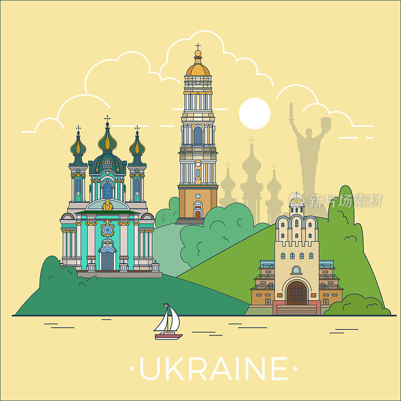 乌克兰国家设计模板。线性平坦著名历史景观;卡通风格的网站矢量插图。欧洲世界旅游展场，欧洲度假收藏。