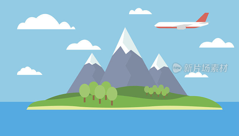 卡通的海岛在海与山的景观与红色飞行飞机与树木在山上和雪峰下的蓝天与云-向量