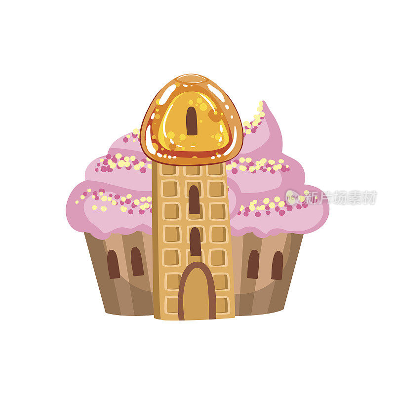 小纸杯蛋糕城堡奶油屋顶和华夫塔梦幻糖果土地甜蜜的景观元素