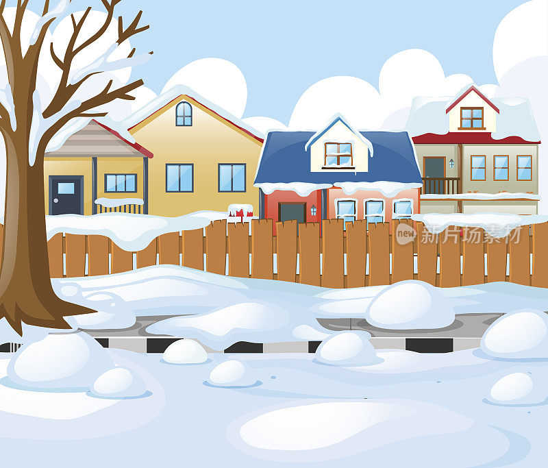 村庄景象与雪的道路和房屋