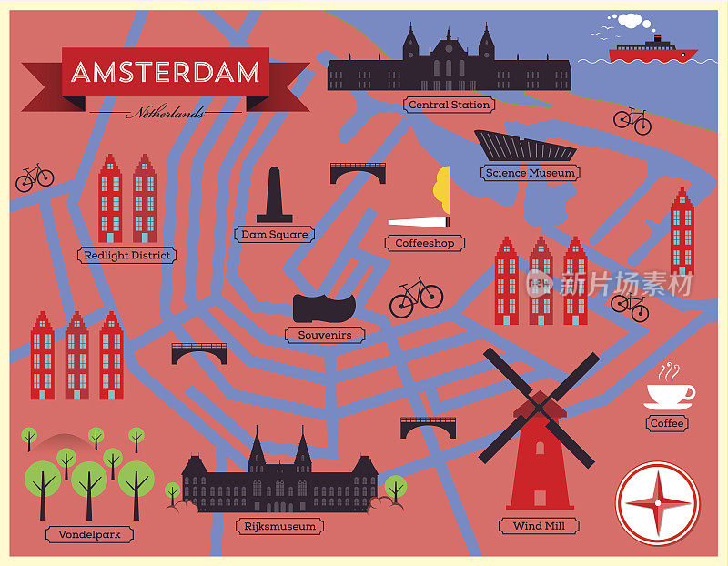 阿姆斯特丹城市地图插图。地标和矢量地图图标。