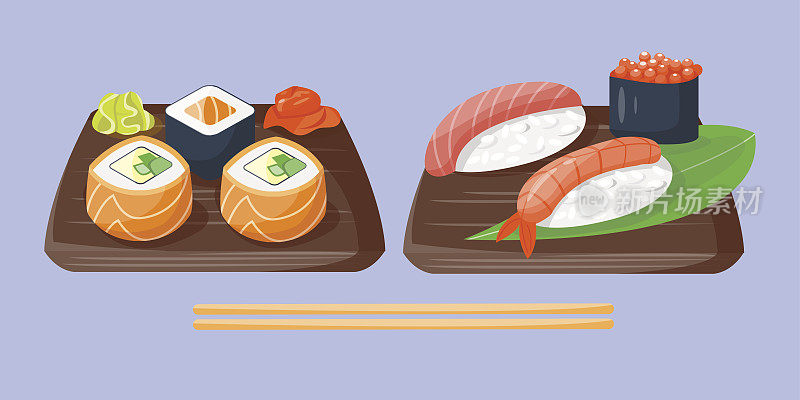 寿司日本料理传统食物平面健康美食图标和东方餐厅米饭亚洲餐盘文化卷矢量插画