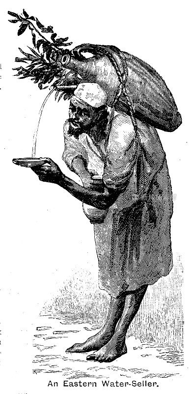 19世纪摩洛哥非斯的一位“东方水贩子”的插图;1893年的维多利亚民族服饰和旅行