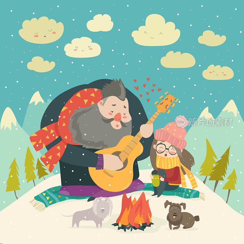 在冬天的森林里，一个男孩为一个女孩弹吉他