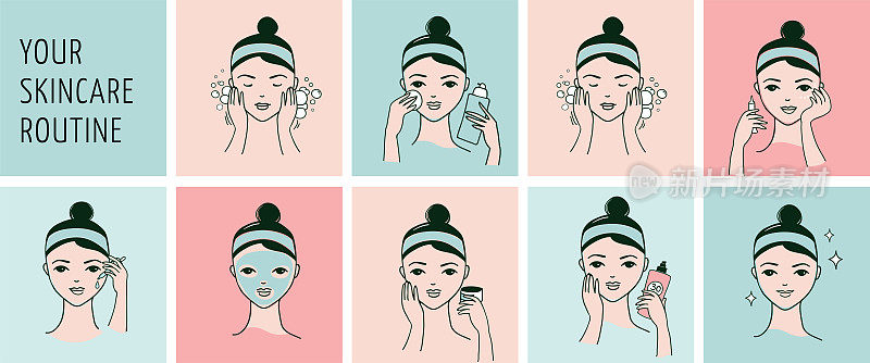 皮肤护理常规，女性面部用不同的面部程序横幅