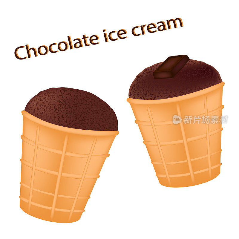 华夫饼杯装的冰淇淋。巧克力冰淇淋加坚果。冰淇淋焦糖奶油淋上巧克力。巧克力冰淇淋。向量。