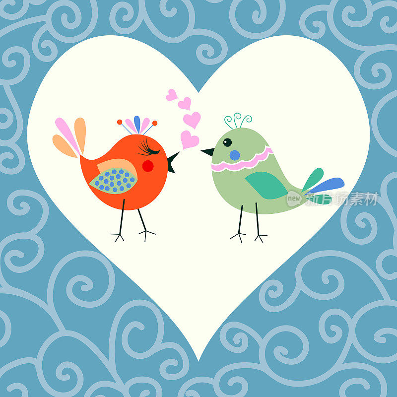 两只快乐可爱的小鸟相爱的心。情人节快乐