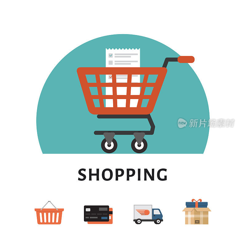 购物车。网上购物的概念。购物的图标。平面风格，矢量插图。