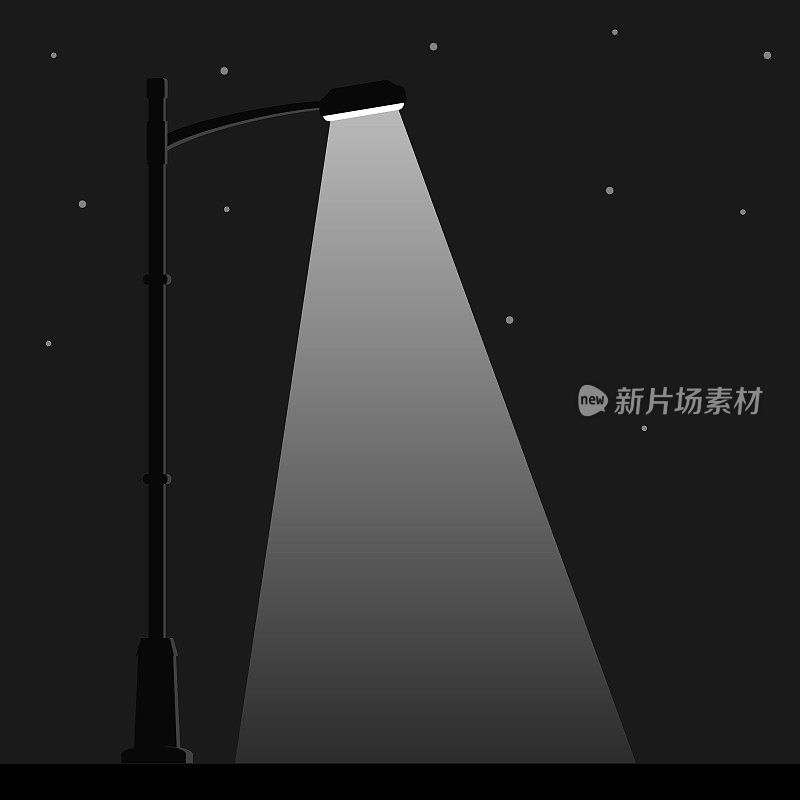 城市夜晚街灯用街灯照出。户外灯柱，平面风格。关注的焦点