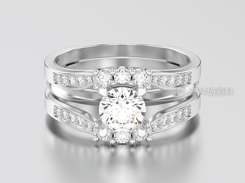 3D插图白色黄金或白银两个小腿装饰钻石戒指