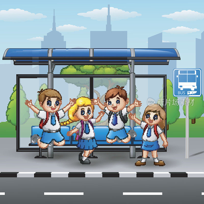 快乐的学生在公共汽车站