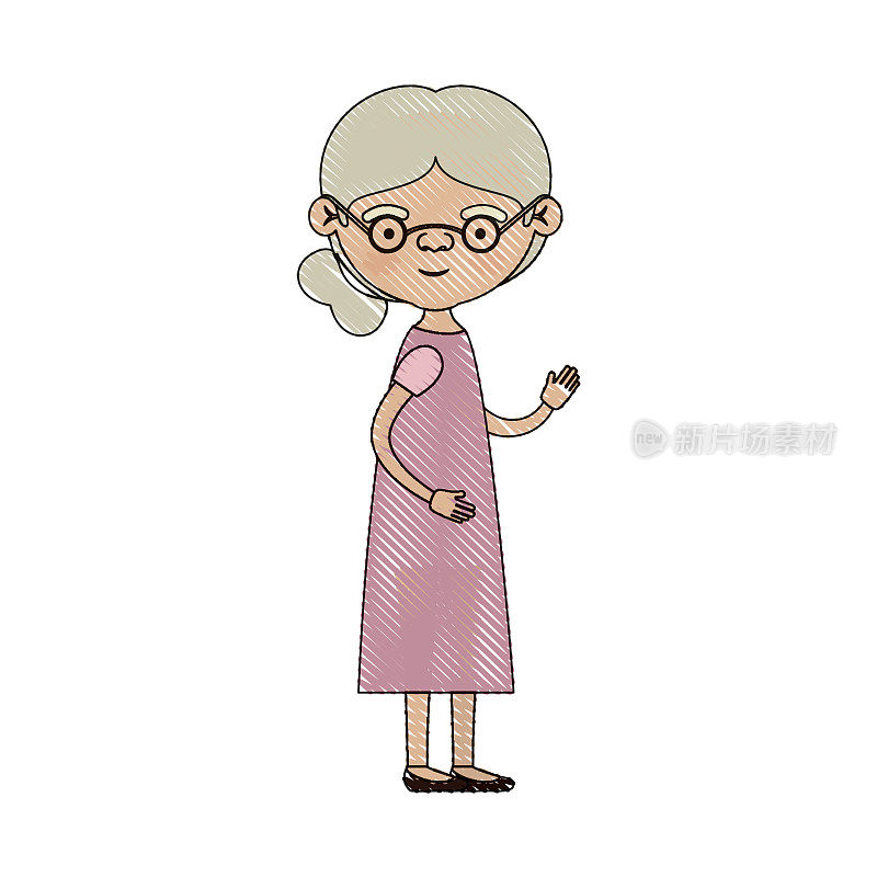 彩色蜡笔剪影的全身老年妇女，穿着侧发髻和眼镜