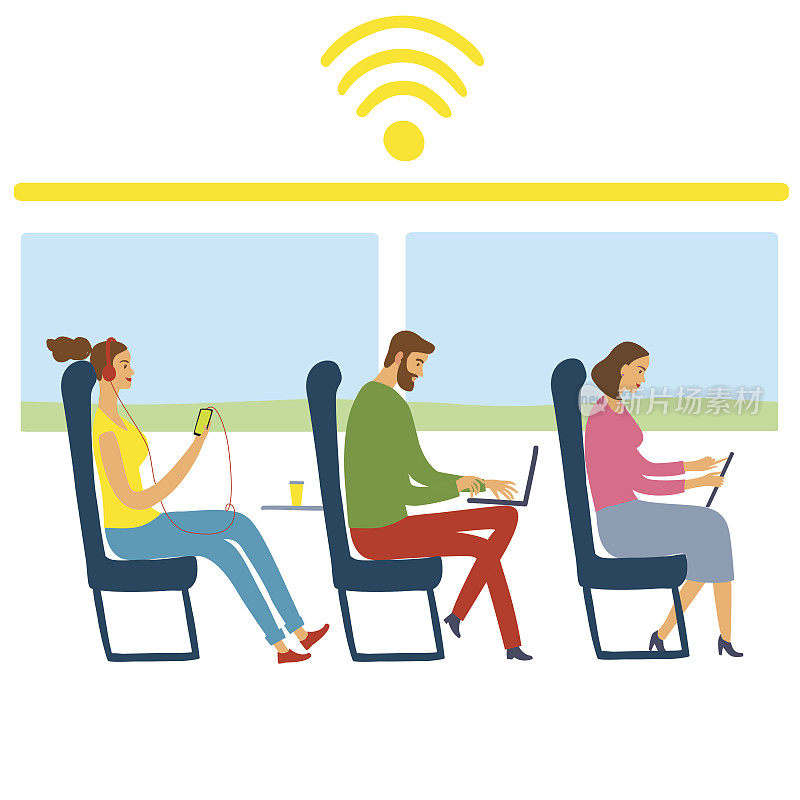 人们在火车上使用他们的小工具和手机