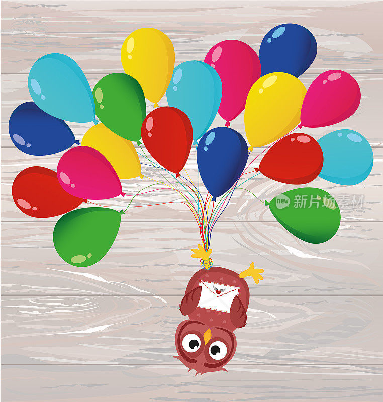 贺卡或生日或假日的请帖。猫头鹰倒挂在气球上。矢量木背景。为文字和广告留出空间