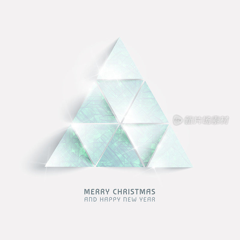 几何极简主义-圣诞卡设计的小三角纸元素组成一个大三角形-插图具有逼真的效果，美丽的反射光和阴影手绘绿色纹理和文字