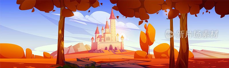 秋色山水，山路上城堡