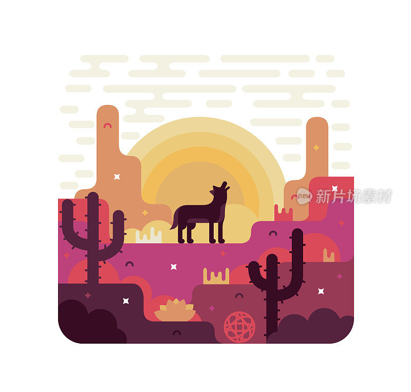 沙漠，狼，仙人掌和日出的卡通画框。矢量平面插图