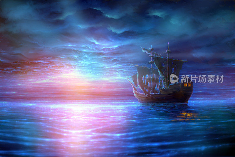 海盗船在日落时分的海上航行