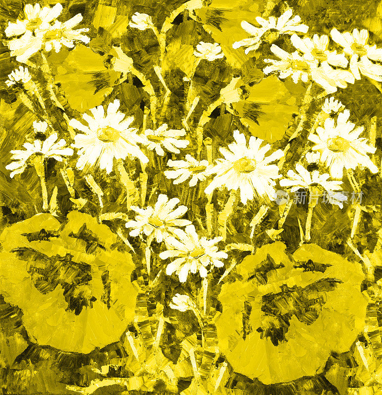 插图油画在深褐色的风景花，罂粟花和雏菊盛开在自然环境在一个领域