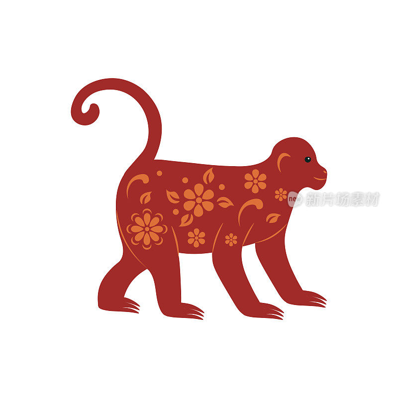 红色的猴子装饰和鲜花象征着中国的新年