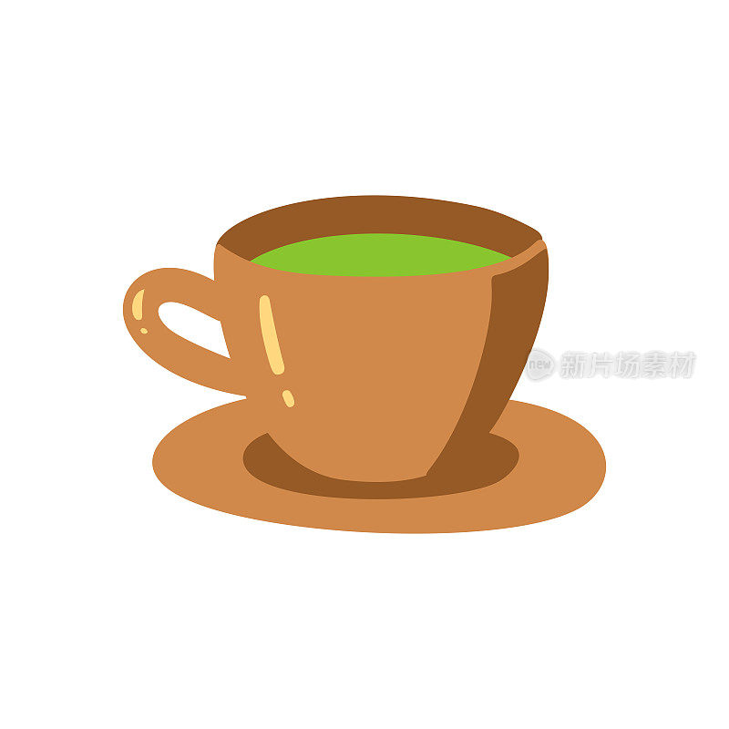 抹茶绿茶杯碗，拿铁杯。抹茶草本绿茶矢量插图孤立在白色背景。