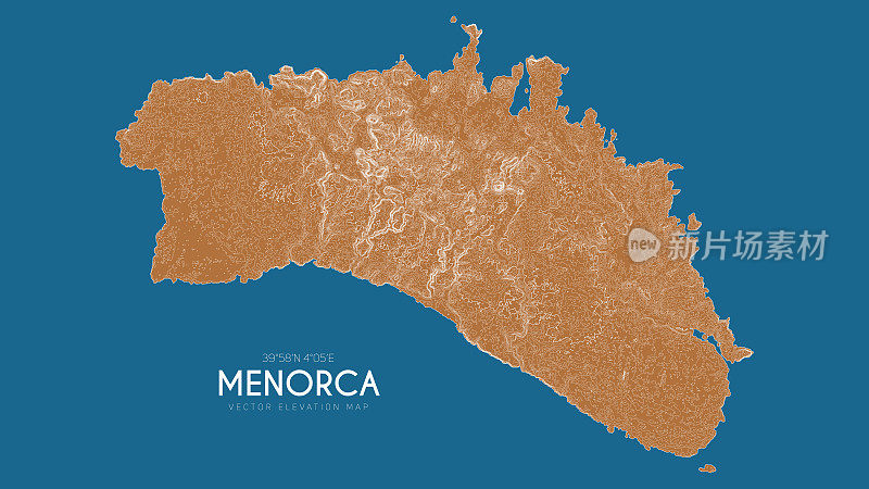 西班牙巴利阿里群岛梅诺卡地形图。矢量详细高程地图的岛屿。地理优美的景观轮廓海报。