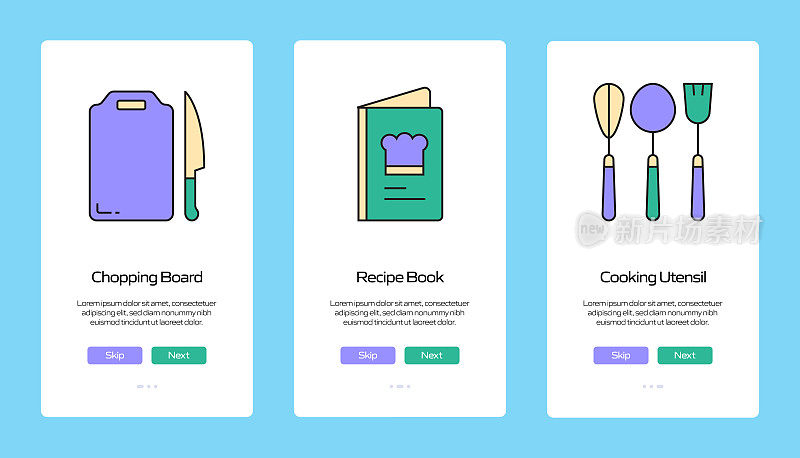 在移动应用页面上使用扁平图标的烹饪概念。用户体验，UI设计模板矢量插图