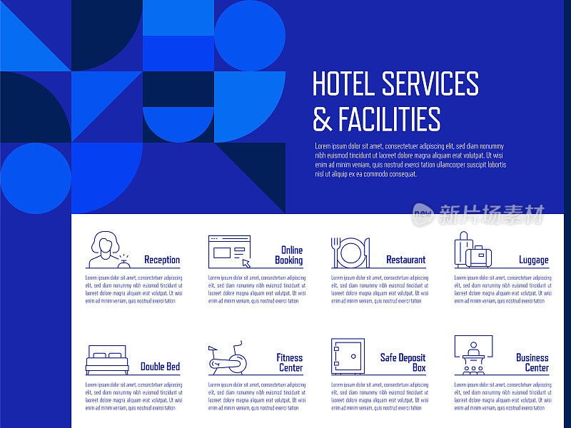 酒店服务和设施概念矢量线信息图形设计图标。8选项或步骤的介绍，横幅，工作流程布局，流程图等。