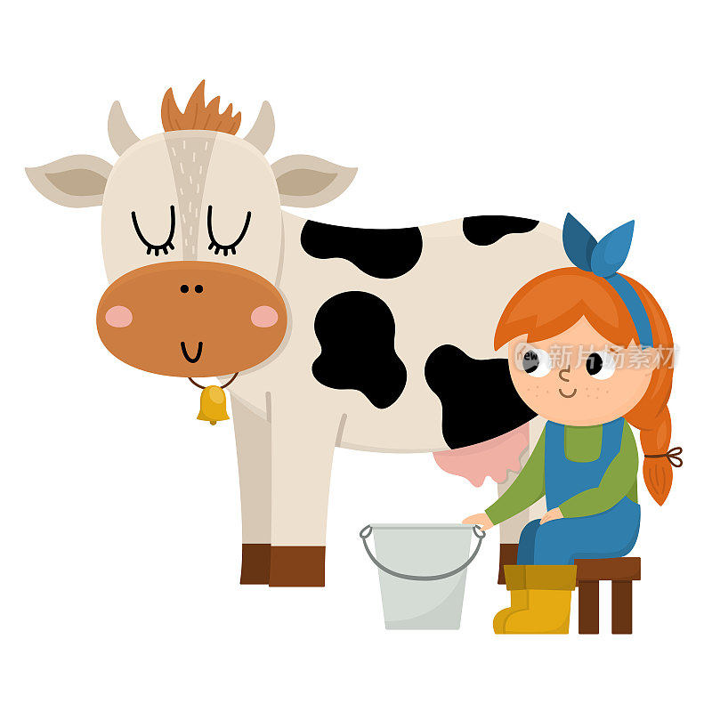 向量挤奶女工图标。农民女孩挤牛奶。可爱的孩子在做农活。农村的场景。孩子和可爱的动物。滑稽农场插图与卡通人物