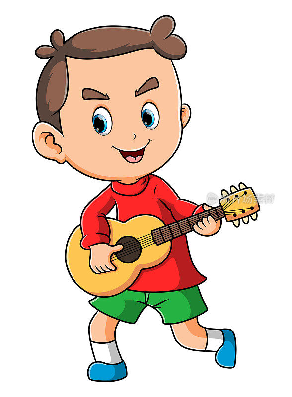 那个快乐的男孩一边弹吉他，一边唱着歌