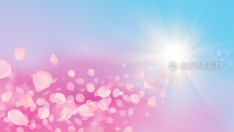 矢量背景与现实的樱花花瓣和天空中的阳光。模板飞行体积模糊粉红色樱花花瓣与模糊效果。春天花浪漫插图。
