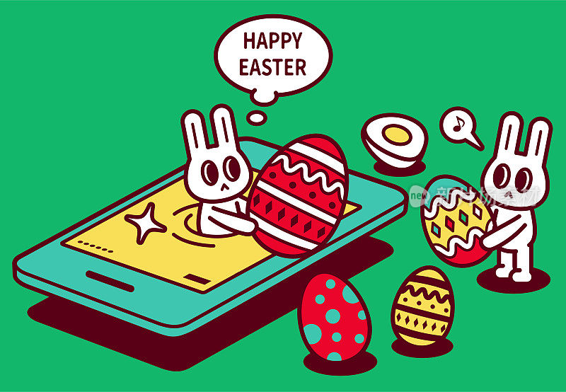 复活节问候与智能手机，快乐的复活节兔子出现在智能手机屏幕和发送复活节彩蛋