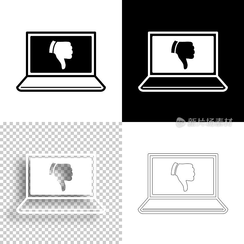 用拇指指着笔记本电脑。图标设计。空白，白色和黑色背景-线图标