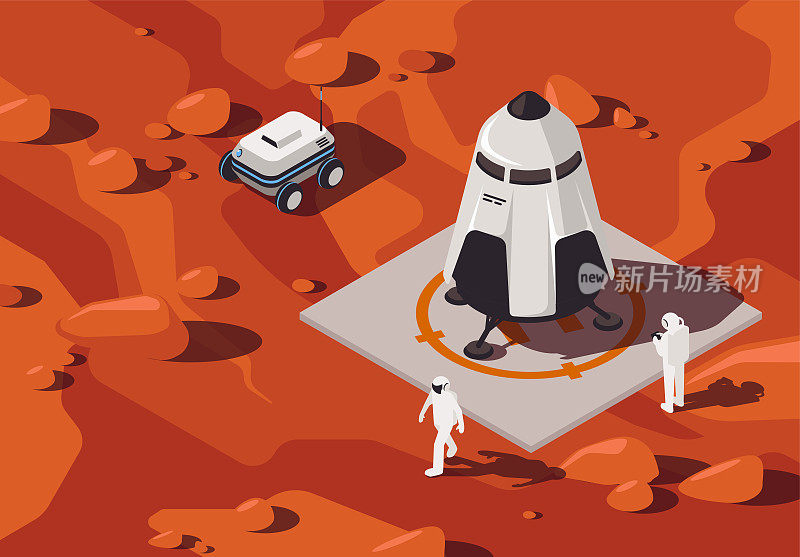 火星表面的未来主义客运火箭矢量插图，在火星表面等距风格的轮子上的人和无人机进行飞行前训练，火星上的研究任务