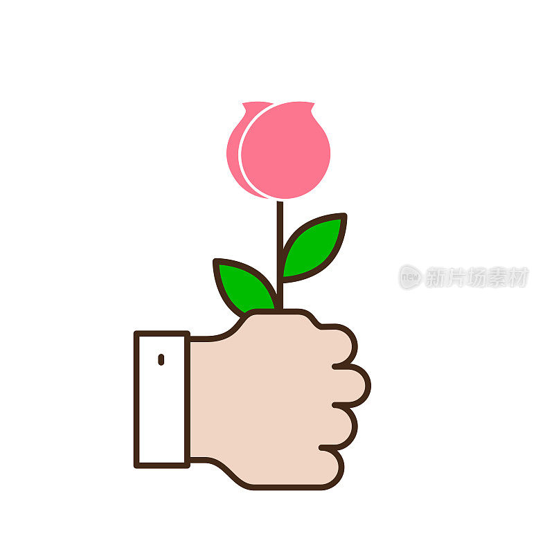 男人手里拿着玫瑰或郁金香。平面矢量图孤立在白色上
