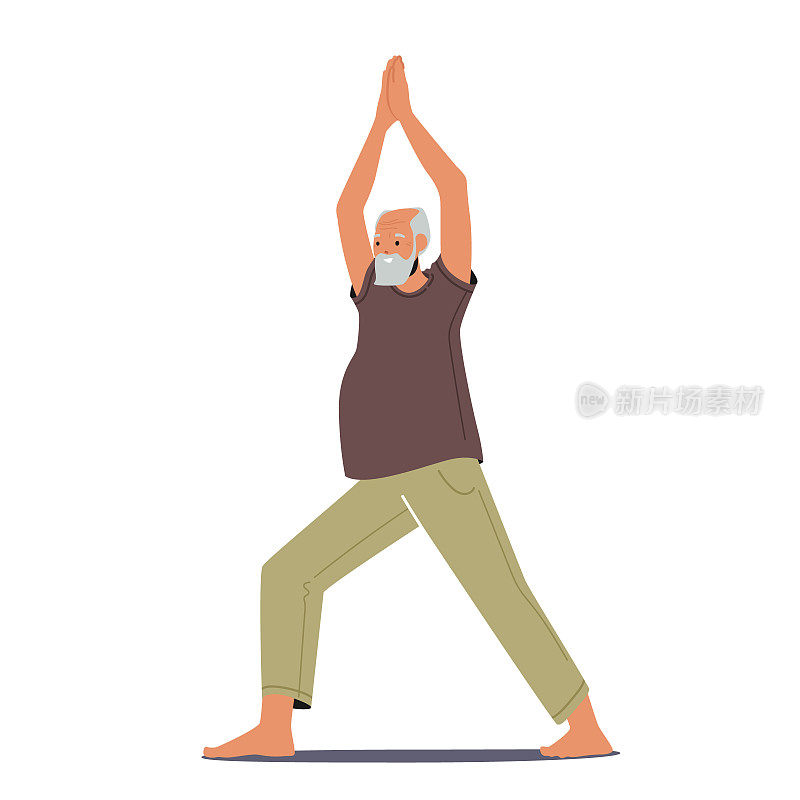 老年男性性格瑜伽练习。高级男子拉伸身体，健身和健康的生活方式，爷爷体操