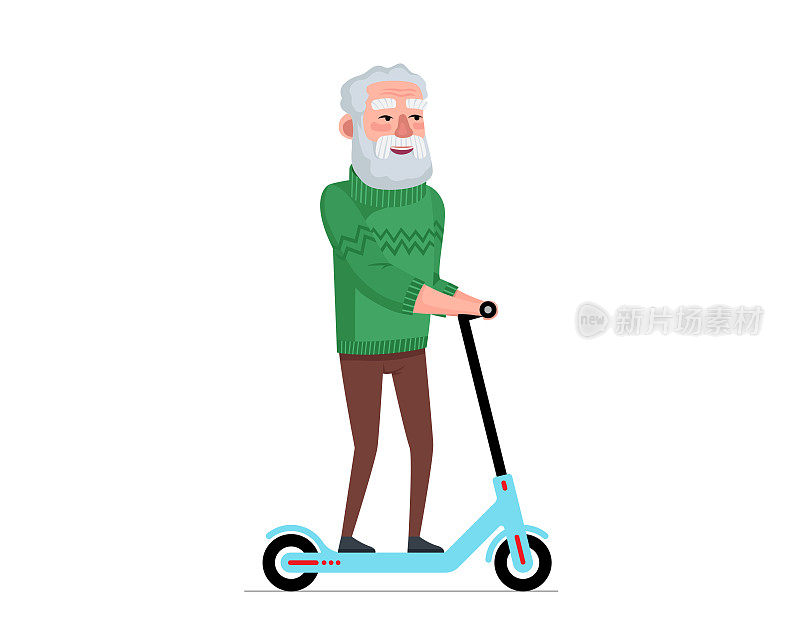 老年人的乐趣和骑电动滑板车。老年男性乘坐生态交通工具。老爷爷健康的生活方式。退休的爷爷。愉快的退休老人休闲。活跃的祖父每股收益