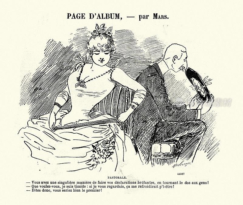 复古插图，美女和男人调情的卡通，法国，19世纪90年代，19世纪
