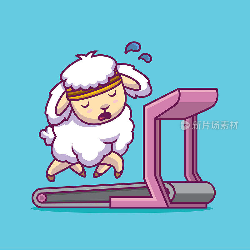 可爱的绵羊在跑步机上奔跑的卡通插图