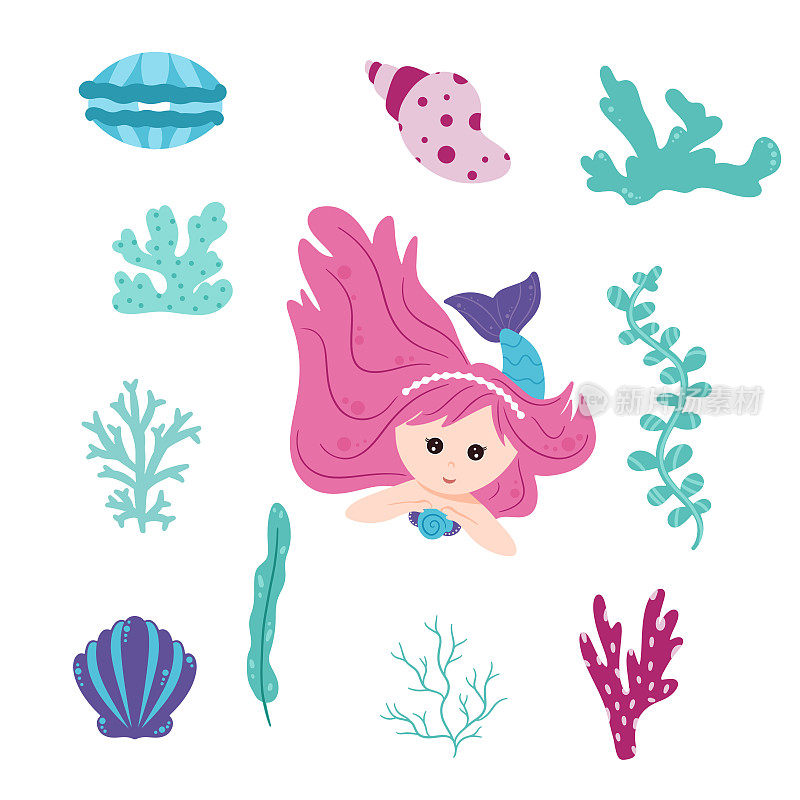 小美人鱼和海底世界的元素。卡通风格。