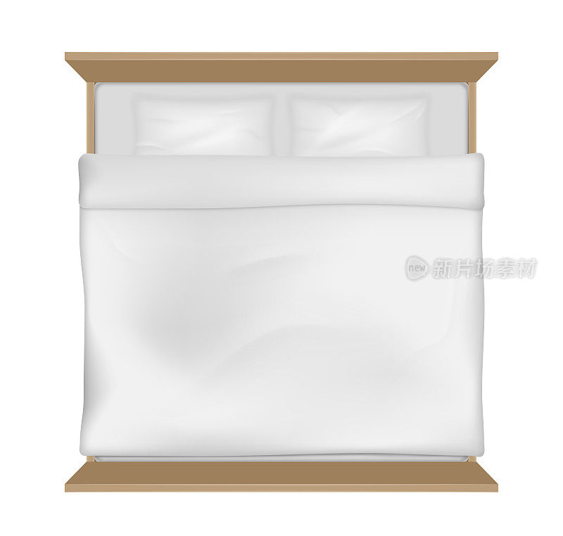 双人床，带床垫，白色羽绒被，床单和枕头。家庭卧室的现实床
